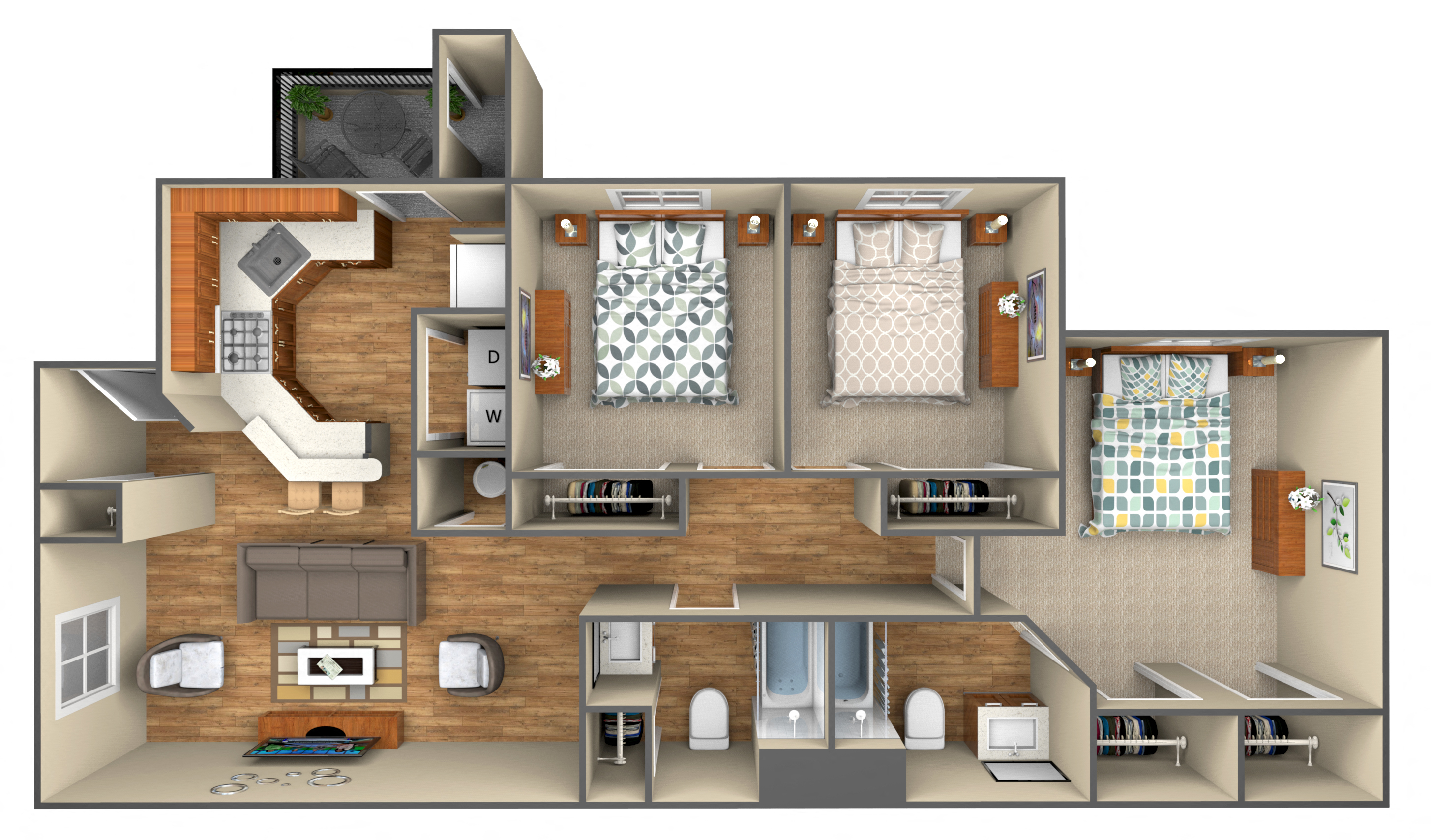 Floor plan for 3 beds, 2 baths, 1153 sqft